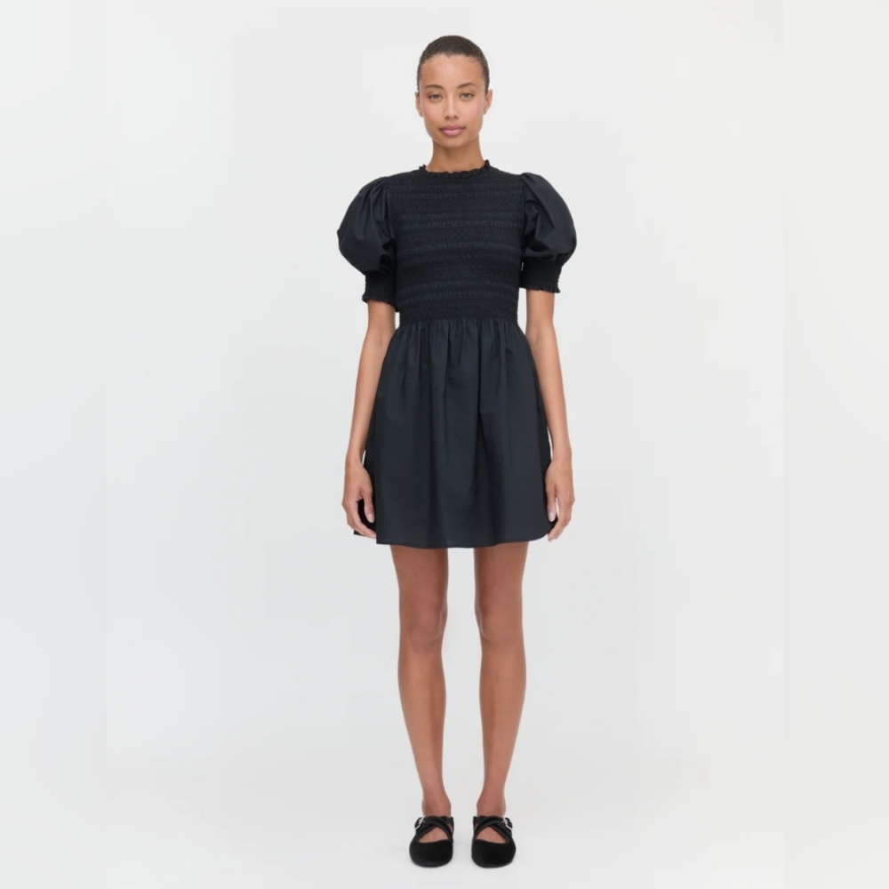 Hill House Mini Dress in Black with Puff Sleeves